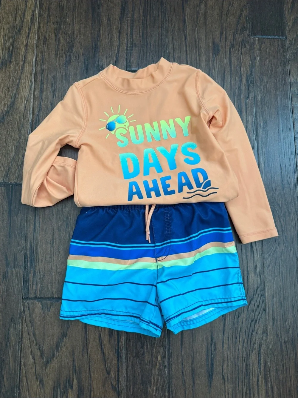 Carter's Peach Long-Sleeve Rash Guard with Blue Striped Swim Shorts
